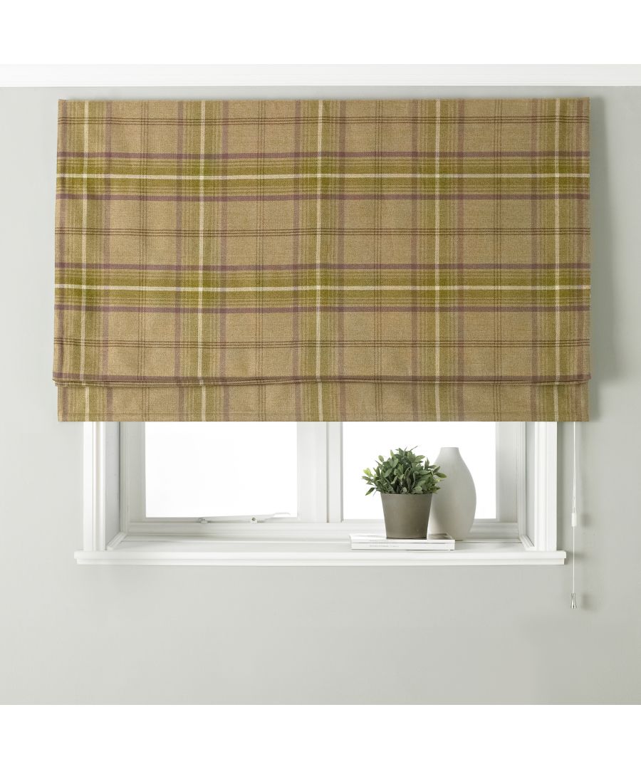 Brown tartan faux wool blackout Roman blind featuring a plaid pattern with yellow and purple accents, measuring 153cm wide by 137cm drop, hung over a window with a small plant.