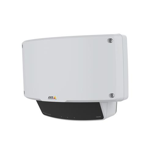 Wired motion detector in white with a sleek design, featuring a black base and LED indicators, suitable for indoor security applications.
