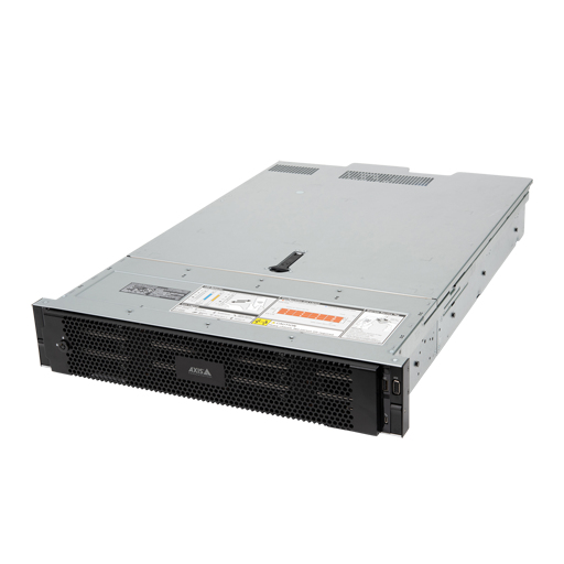 Grey Axis 02537-001 Network Video Recorder with a sleek metal casing, featuring a front ventilation grille and multiple indicator labels on the top surface.