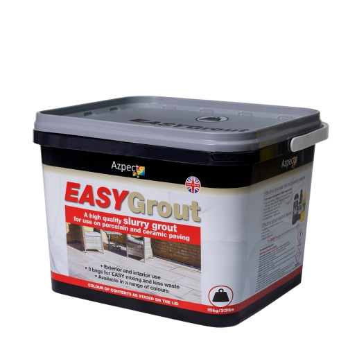 Azpects EASYGrout in Argent Grey, a 15kg tub with a black lid, features a bold red label highlighting its use for porcelain and ceramic paving.