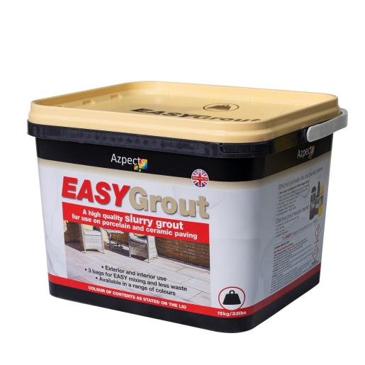 A cream-colored plastic container of Azpects EASYGrout, featuring a black lid, with branding and product details prominently displayed on the front.