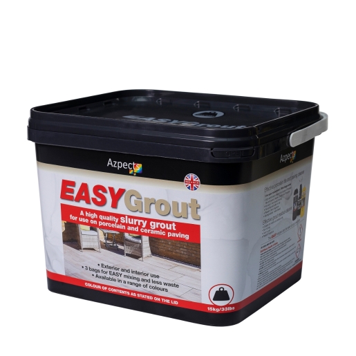 Black plastic container of Azpects EASYGrout in Grafito, featuring a red label with product details, suitable for porcelain and ceramic paving, 15kg size.