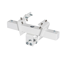White metal girder and purlin mount designed for Ø38.1mm poles, featuring adjustable brackets and multiple mounting holes for secure installation.