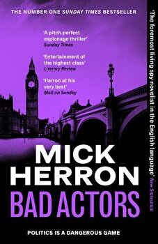 Cover of "Bad Actors" by Mick Herron features a purple and black design with a silhouette of a bridge and clock tower, highlighting the title and author prominently.