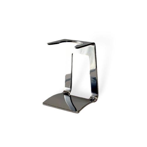 Shiny silver metal brush holder with a sleek, modern design, featuring a curved support and a flat base for stability.