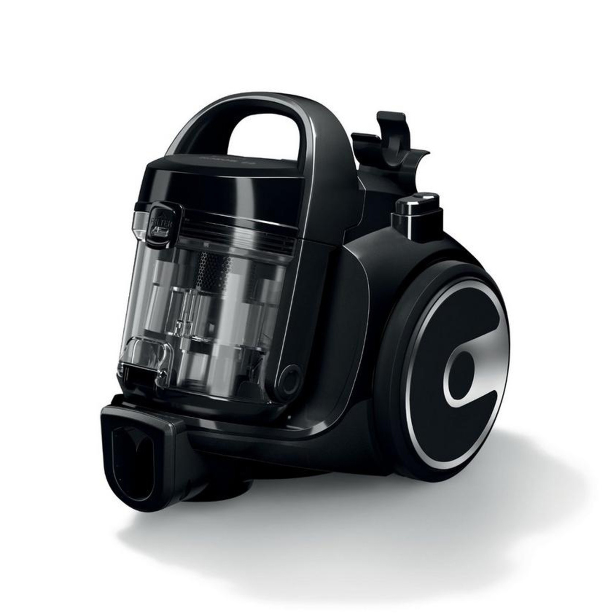 Black bagless cylinder vacuum cleaner with a transparent dust container, ergonomic handle, and sleek design featuring a circular logo on the side.