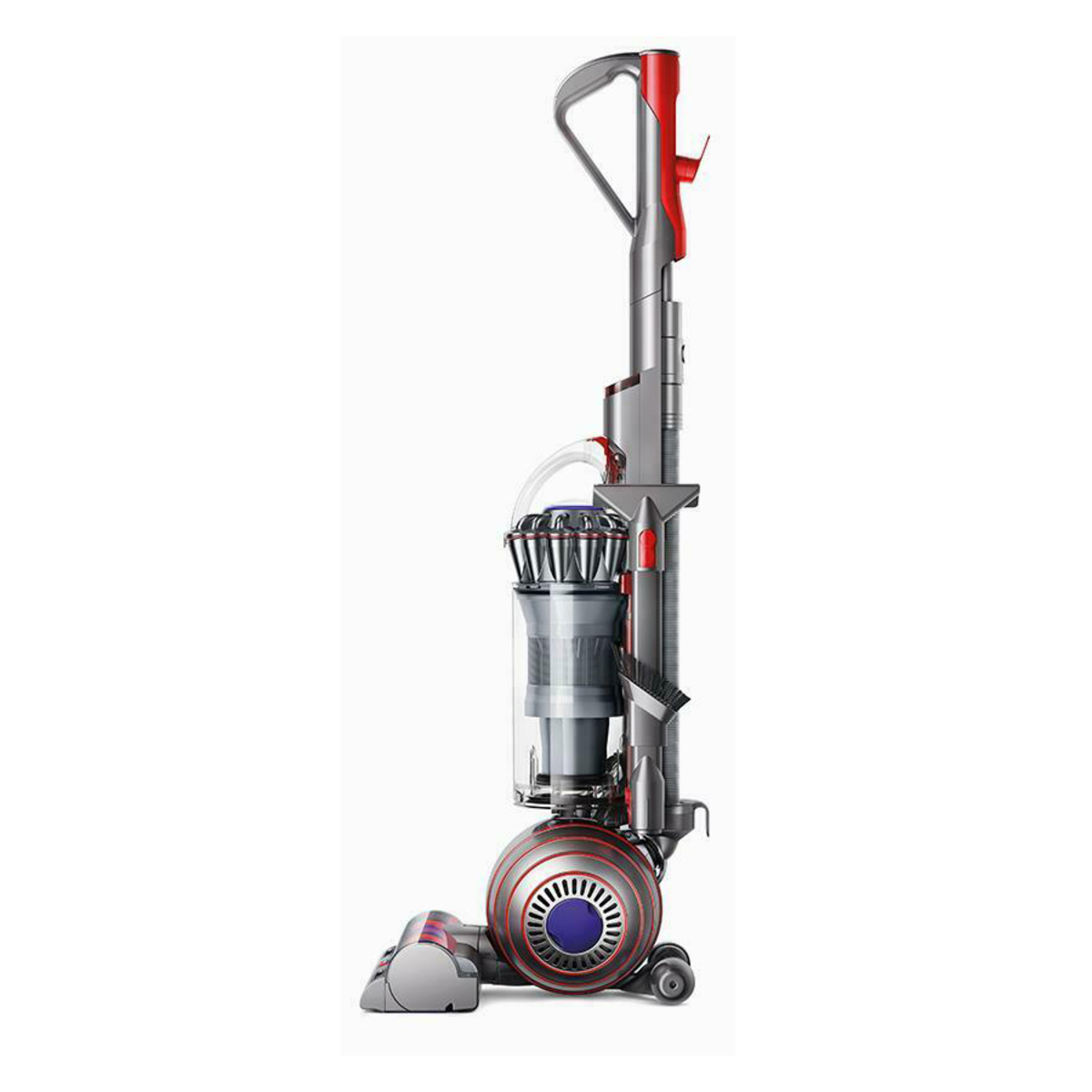 Dyson Ball Animal upright vacuum cleaner in grey and red, featuring a clear dust bin, ball technology for maneuverability, and a high-powered suction design.