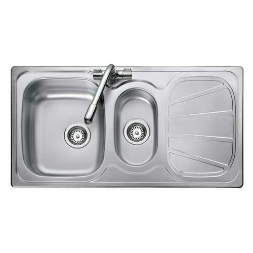 Polished stainless steel inset sink featuring 1.5 bowls, a sleek design, and a single lever tap, with a smooth drainer area on the right.