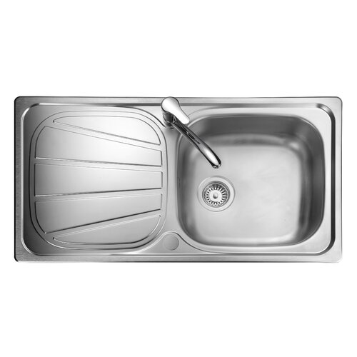 Polished stainless steel inset sink with one bowl, featuring a sleek design, integrated draining board with grooves, and a central drain.