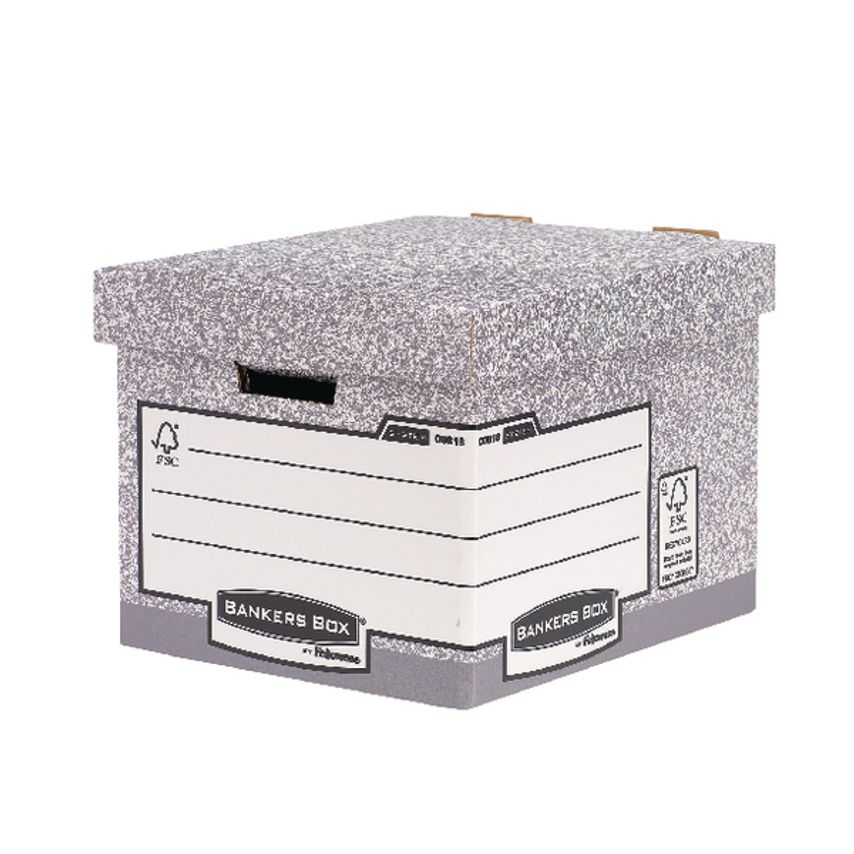 Gray heavy-duty storage box with a reinforced lid, featuring a white label area for easy identification, designed for organizing documents, sold in a pack of 10.