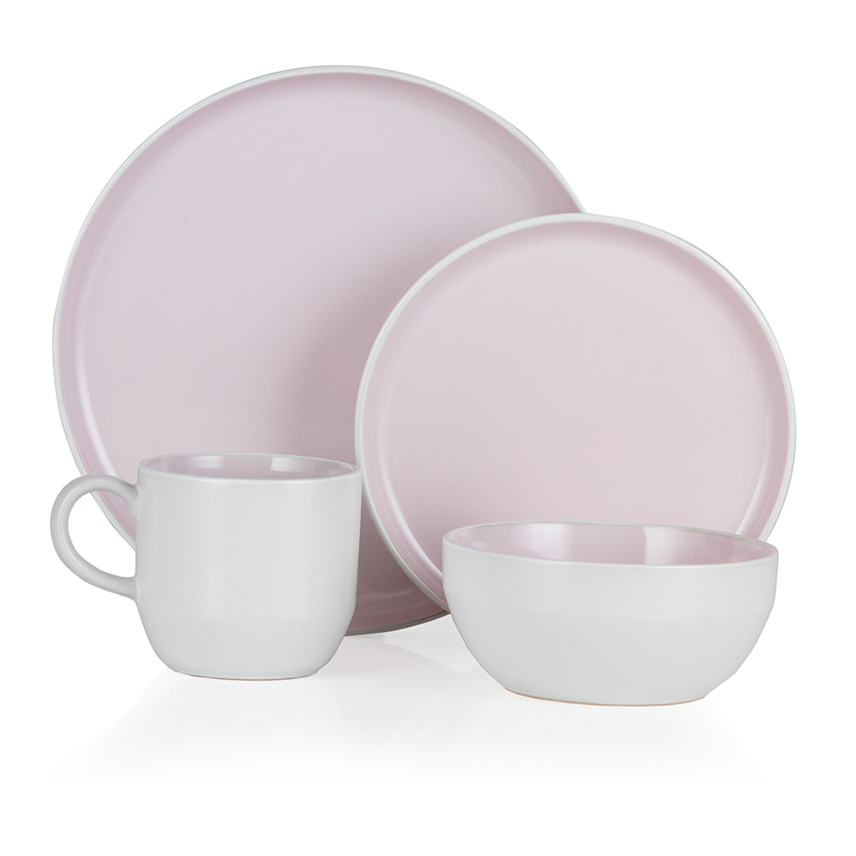 Three ceramic tableware pieces in soft pink and white: a large plate, a medium bowl, and a cup with a handle, featuring a smooth, glossy finish.