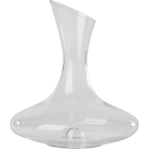 Clear glass wine decanter with a sleek, curved design and a wide base, featuring a tapered neck for easy pouring and a capacity of 1.5 litres.