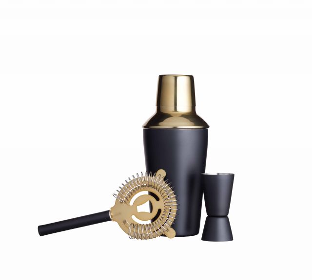 Luxury 3-piece cocktail making set featuring a black stainless steel shaker with brass finish, a black jigger, and a brass strainer, all with a sleek, modern design.