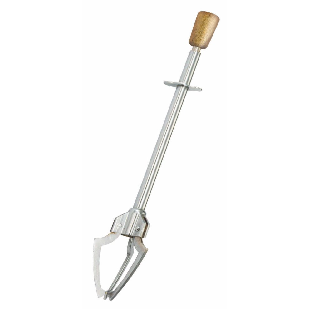 Stainless steel pickle and ice cube grabber with a wooden handle and claw-like gripping mechanism for easy serving.
