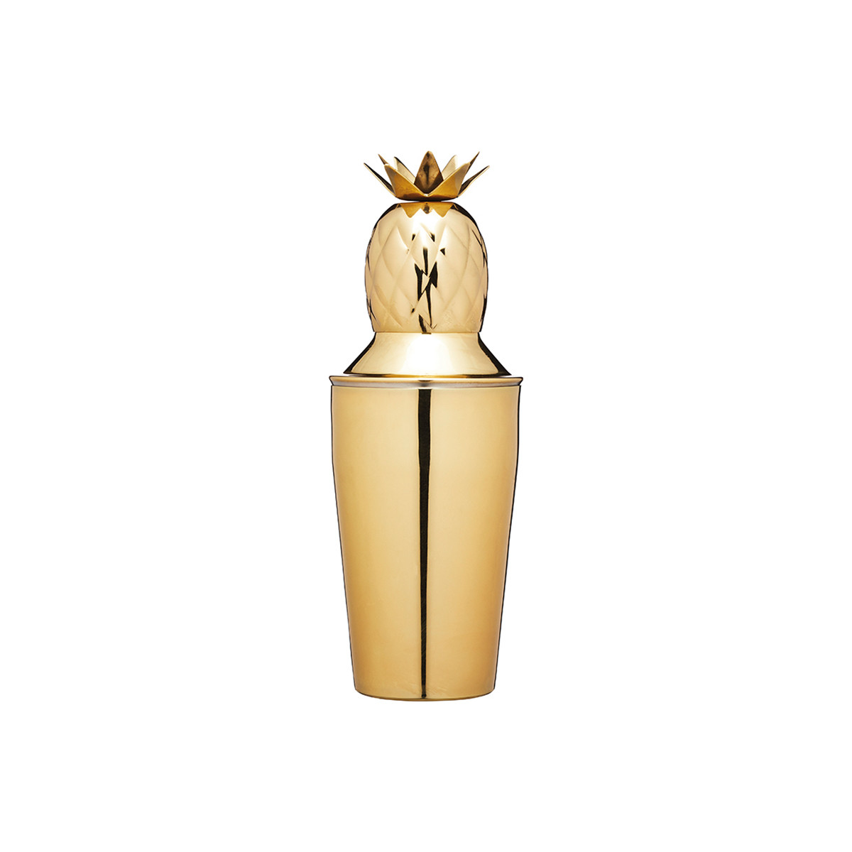Tropical mini cocktail shaker in brass finish, shaped like a pineapple, made of stainless steel, with a capacity of 325ml, featuring a decorative crown top.