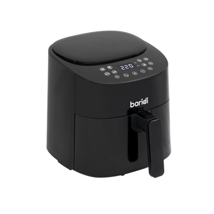 Black 3.5L Baridi air fryer featuring a digital display with 8 presets, a sleek design, and a handle for easy access to the oil-free cooking compartment.