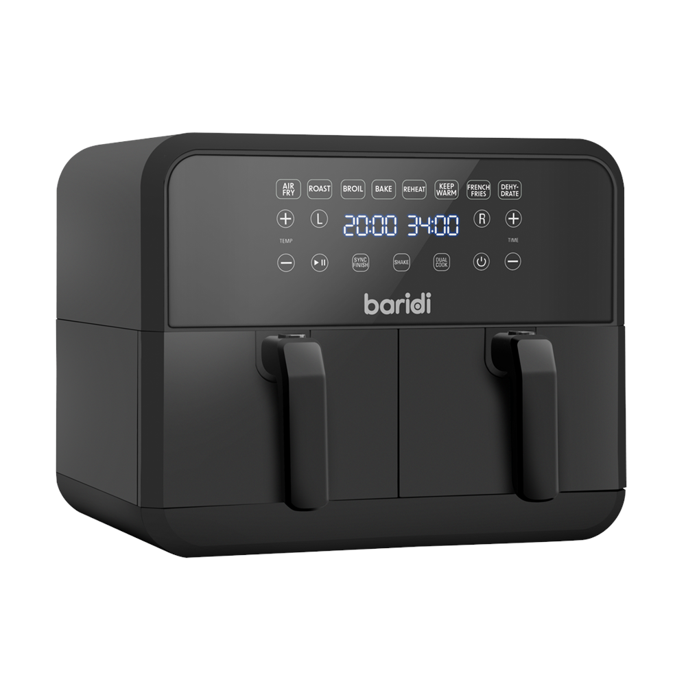 Baridi dual zone air fryer in sleek black, featuring touch controls, 8-in-1 functions, and an easy-clean design, with two compartments for versatile cooking.