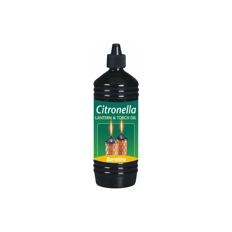 Black plastic bottle of Barretine Citronella Lantern Torch and Lamp Oil, featuring a green label with yellow and orange accents, and a nozzle cap for easy pouring.