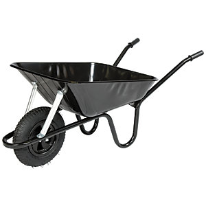 Black heavy-duty builders wheelbarrow with a sturdy metal frame, large plastic tub, and a pneumatic wheel for easy maneuverability.