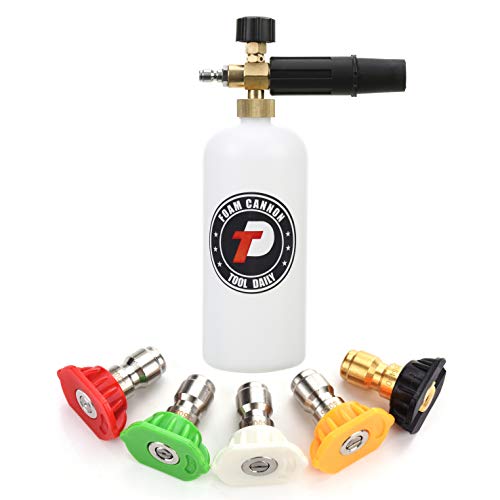 A white foam cannon with a black nozzle and adjustable pressure knob, accompanied by five colored spray nozzles in red, green, yellow, white, and black.