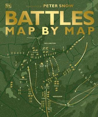 Green hardcover book titled "Battles Map by Map" by Peter Snow, featuring gold lettering and detailed battle maps with arrows and locations on a textured background.