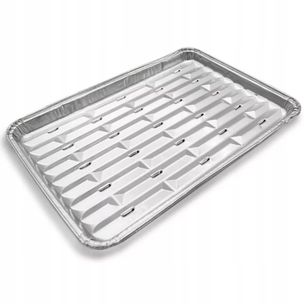 Aluminum grilling tray set of four, measuring 24x16 cm, featuring a shiny silver finish with ridged bottom for even cooking and raised edges to prevent spills.