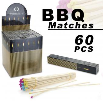 Box containing 60 BBQ matches, featuring wooden sticks with colorful tips, displayed alongside the packaging that highlights the product details.