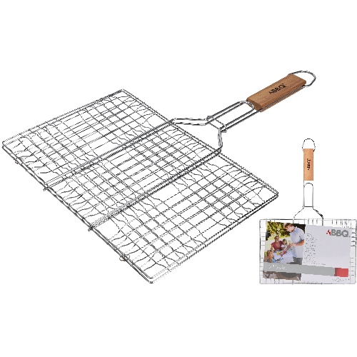 Rectangular BBQ grilling rack measuring 34x23cm with a total length of 48cm, featuring a metal wire construction and a wooden handle for easy handling.