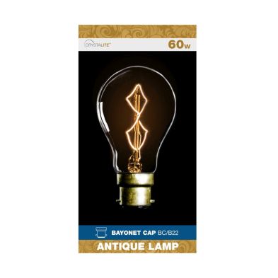 Crystalite 60w antique lamp bulb with a Z-shaped filament, featuring a clear glass bulb and a brass bayonet cap, packaged in a decorative box.