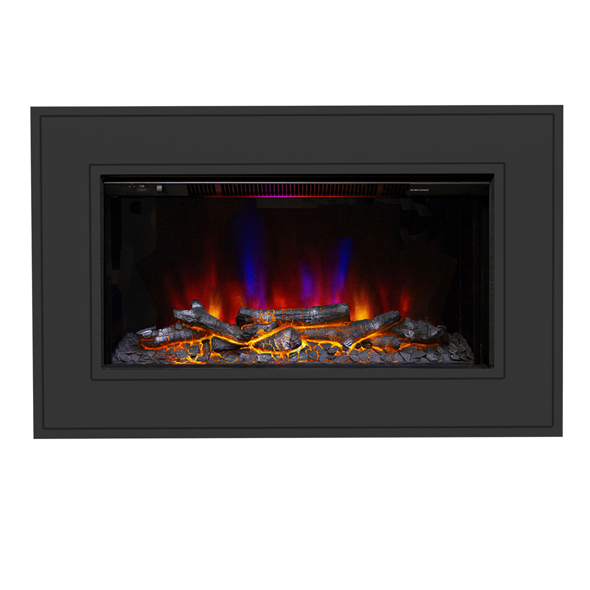 Wall hung fire featuring a sleek anthracite grey frame, realistic log effect with glowing embers, and vibrant blue and orange LED flames for a modern aesthetic.