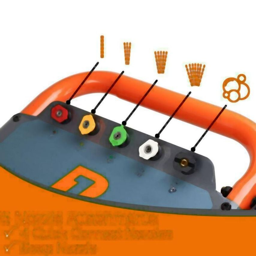 Portable electric pressure washer in gray and orange, featuring a handle, multiple nozzle attachments in red, yellow, green, and black, and a compact design for easy transport.