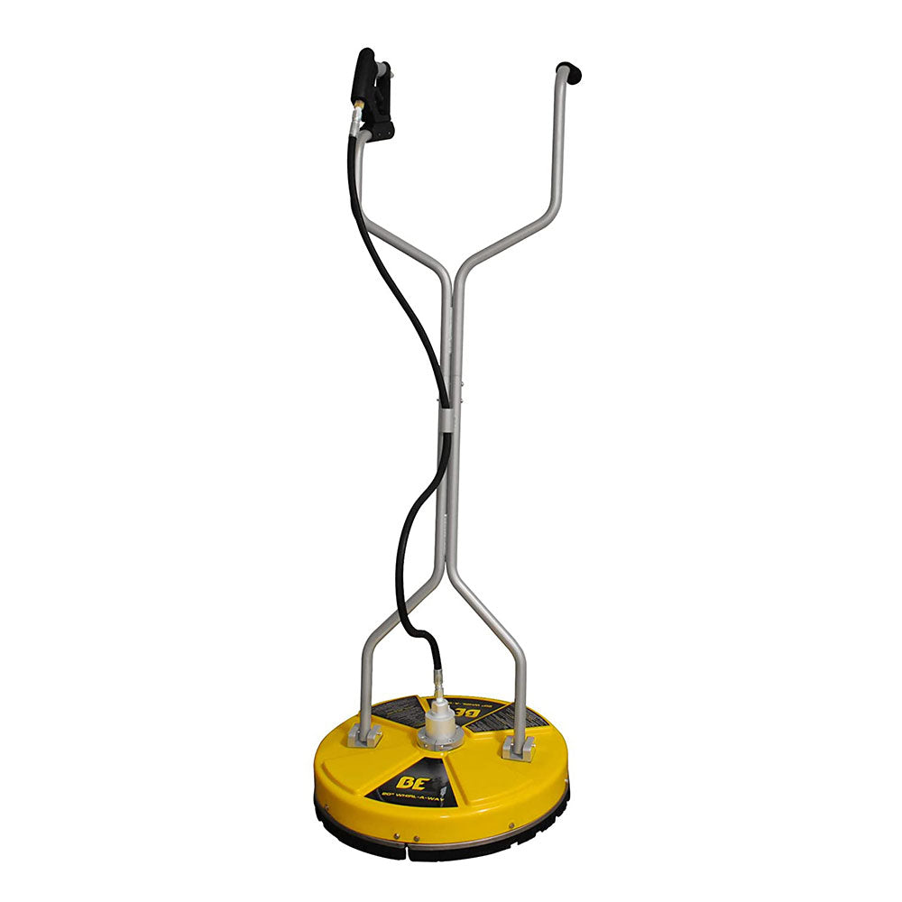 Stainless steel flat surface cleaner with a yellow circular base, featuring a handle and hose attachment for pressure washing, designed for efficient outdoor cleaning.