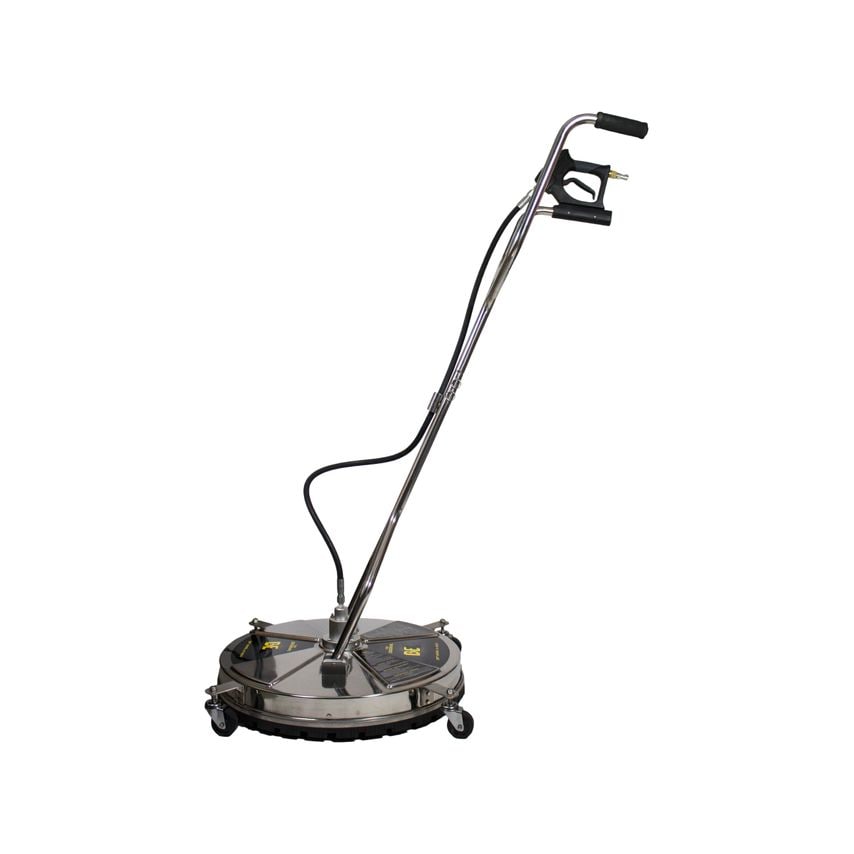 Stainless steel 24" flat surface cleaner with a curved handle, two wheels, and a hose attachment for pressure washing, featuring a sleek, polished finish.
