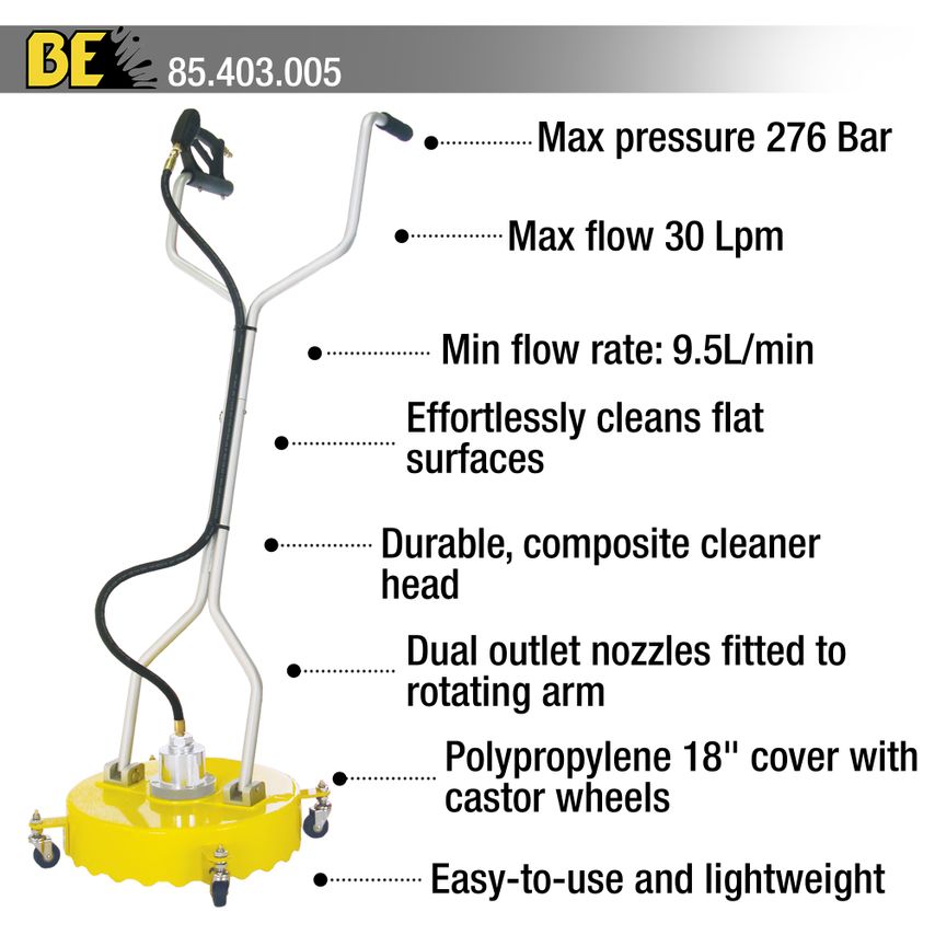 BE Pressure Whirlaway 18" Rotary Flat Surface Cleaner features a yellow polypropylene cover, durable composite cleaner head, dual outlet nozzles, and caster wheels for easy maneuverability.