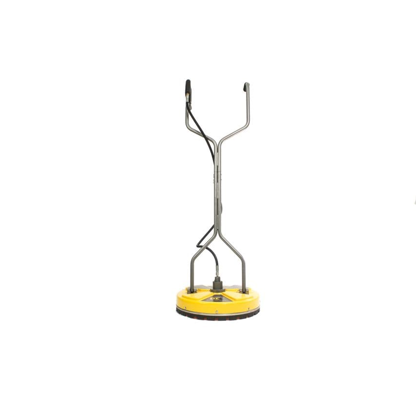 Yellow and black 20" flat surface cleaner with a sturdy plastic base, stainless steel handle, and dual rotating nozzles for efficient cleaning.