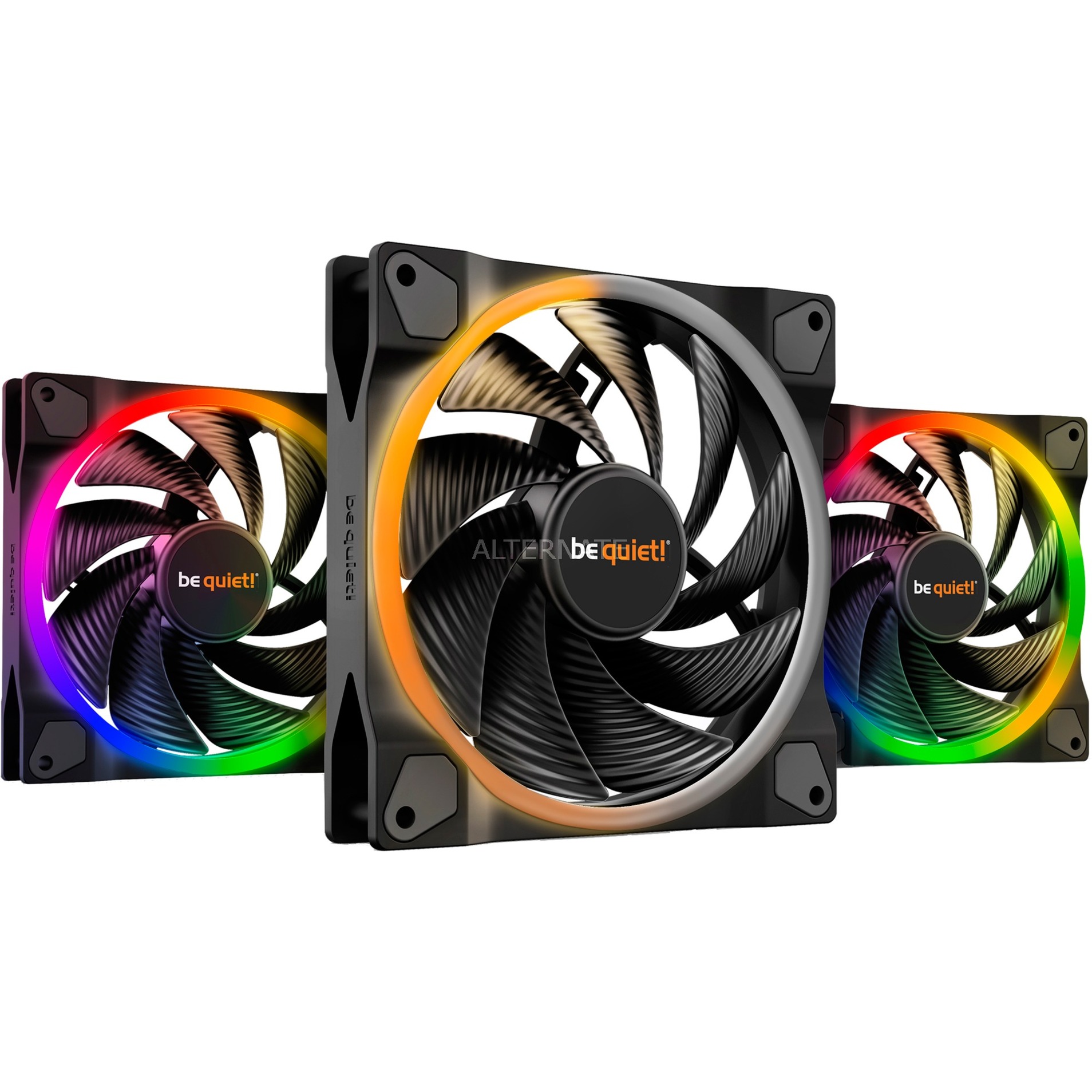 Three 140mm PWM high-speed fans from be quiet!, featuring a black frame, transparent blades, and vibrant ARGB lighting around the edges.