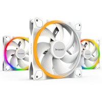 Three white 140mm PWM fans from be quiet!, featuring ARGB lighting around the edges, with sleek blades and a modern design for efficient cooling.