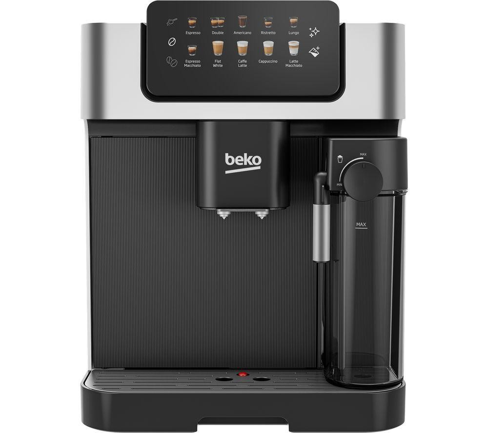Beko CEG7304X fully automatic espresso machine in black with a sleek design, integrated milk jug, and control panel featuring various coffee options.