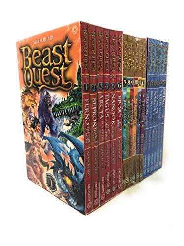 Collection of 18 paperback books from the "Beast Quest" series by Adam Blade, featuring colorful covers with fantasy creatures and bold titles, neatly arranged in a box set.