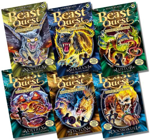 Six colorful fantasy book covers from the "Beast Quest" series by Adam Blade, featuring vibrant illustrations of mythical creatures and bold titles, showcasing adventure themes.