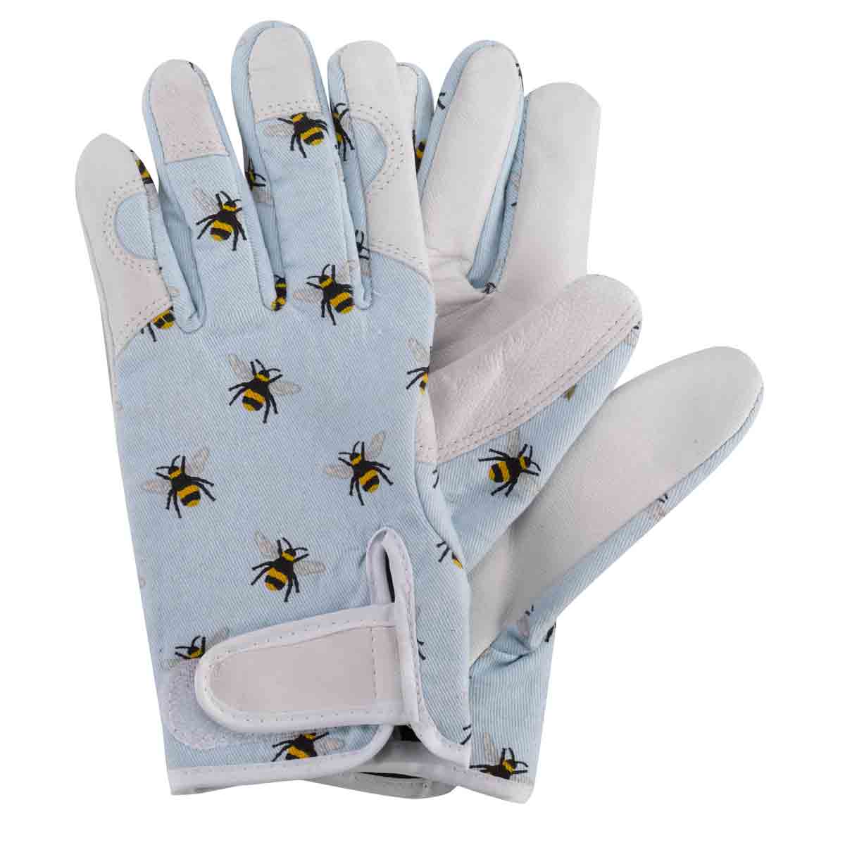 Medium-sized gardening gloves featuring a light blue fabric adorned with bee patterns, complemented by white leather palms and a Velcro wrist strap for a secure fit.