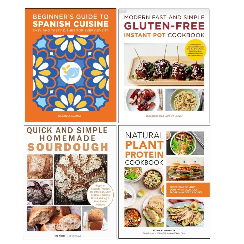 Four cookbook covers featuring vibrant designs: "Beginner's Guide to Spanish Cuisine" with a colorful tile pattern, "Modern Fast and Simple Gluten-Free Instant Pot" with skewers, "Quick and Simple Homemade Sourdough" with bread, and "Natural Plant Pr