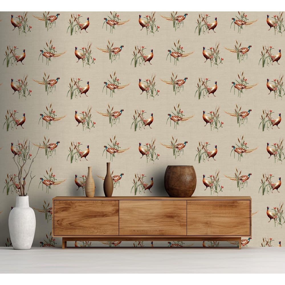 Neutral-toned wallpaper featuring vibrant pheasants and floral designs, complemented by a wooden sideboard with vases and a round bowl.