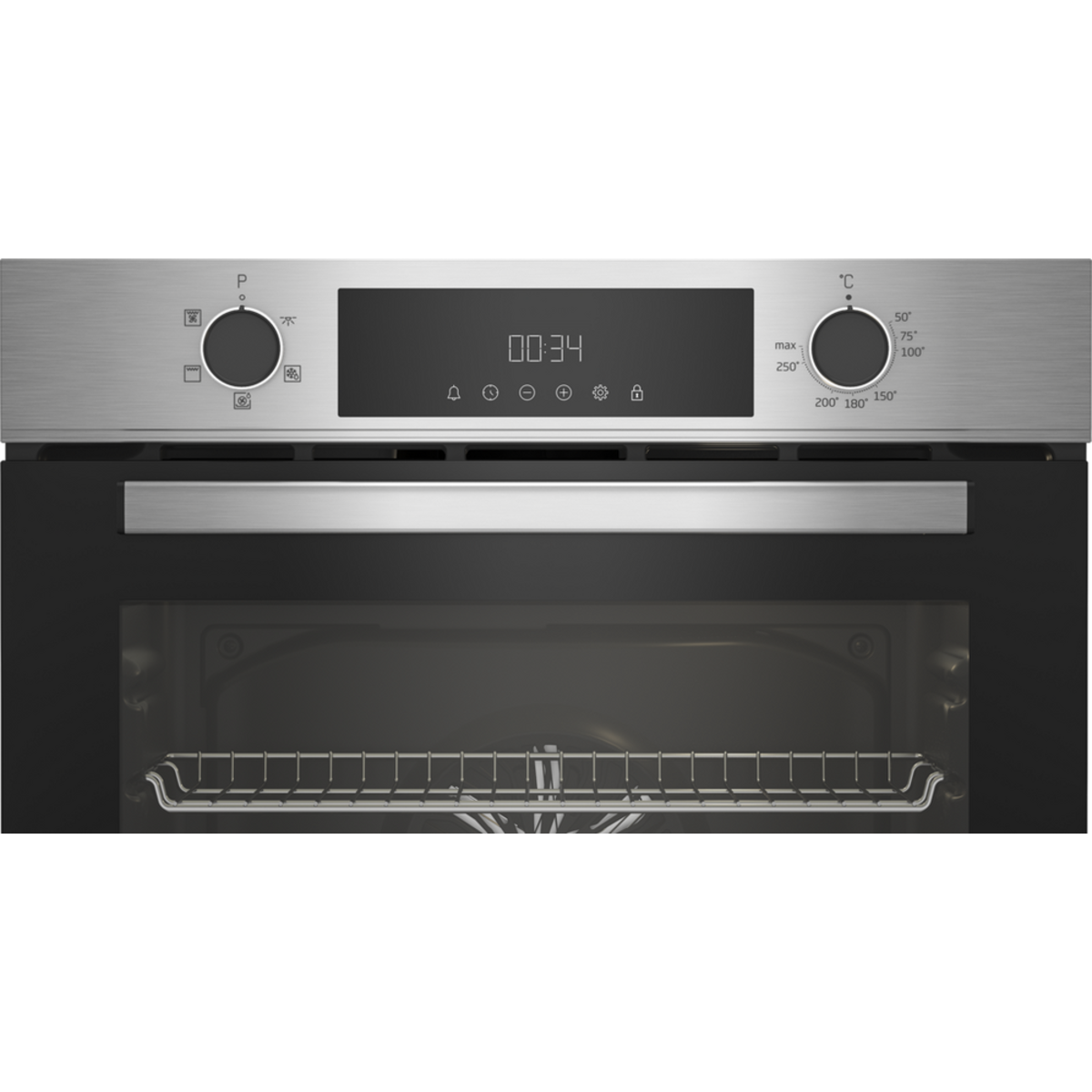 Stainless steel built-in oven with a sleek black front, featuring a digital display, control knobs, and a glass door with a wire rack inside.