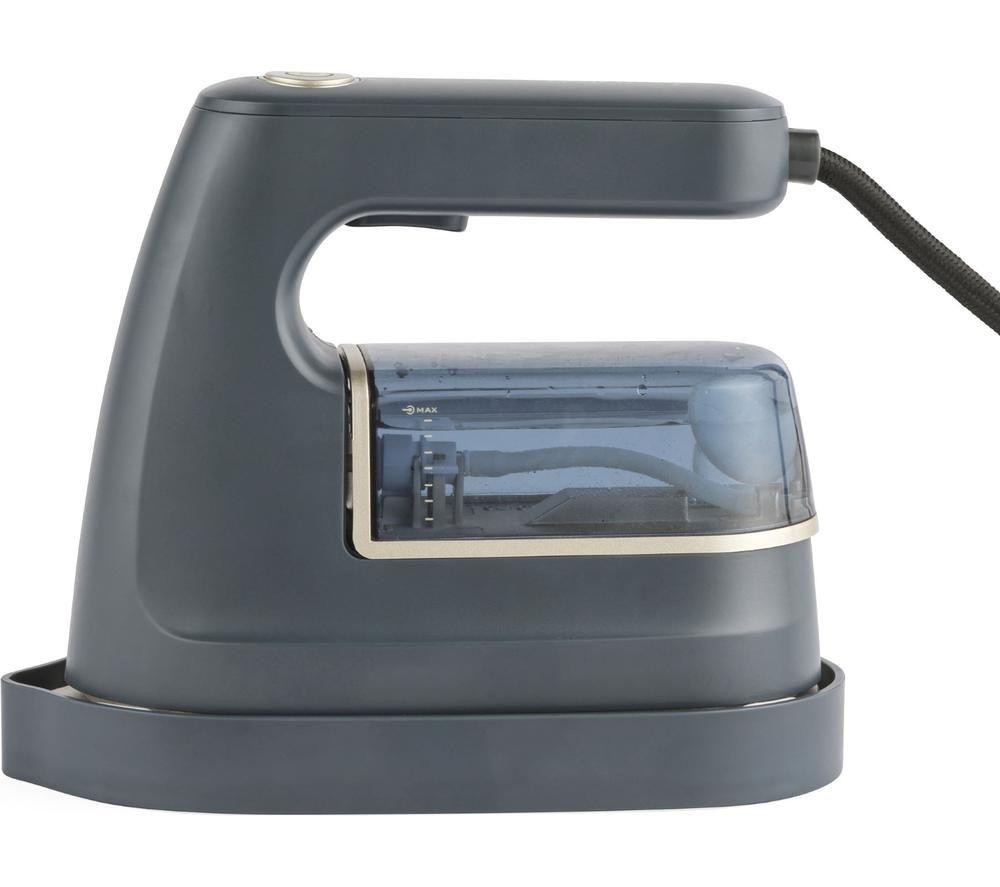 Compact gray garment steamer with a transparent water tank, featuring a sleek design, a comfortable handle, and a base for stability, ideal for travel and quick touch-ups.