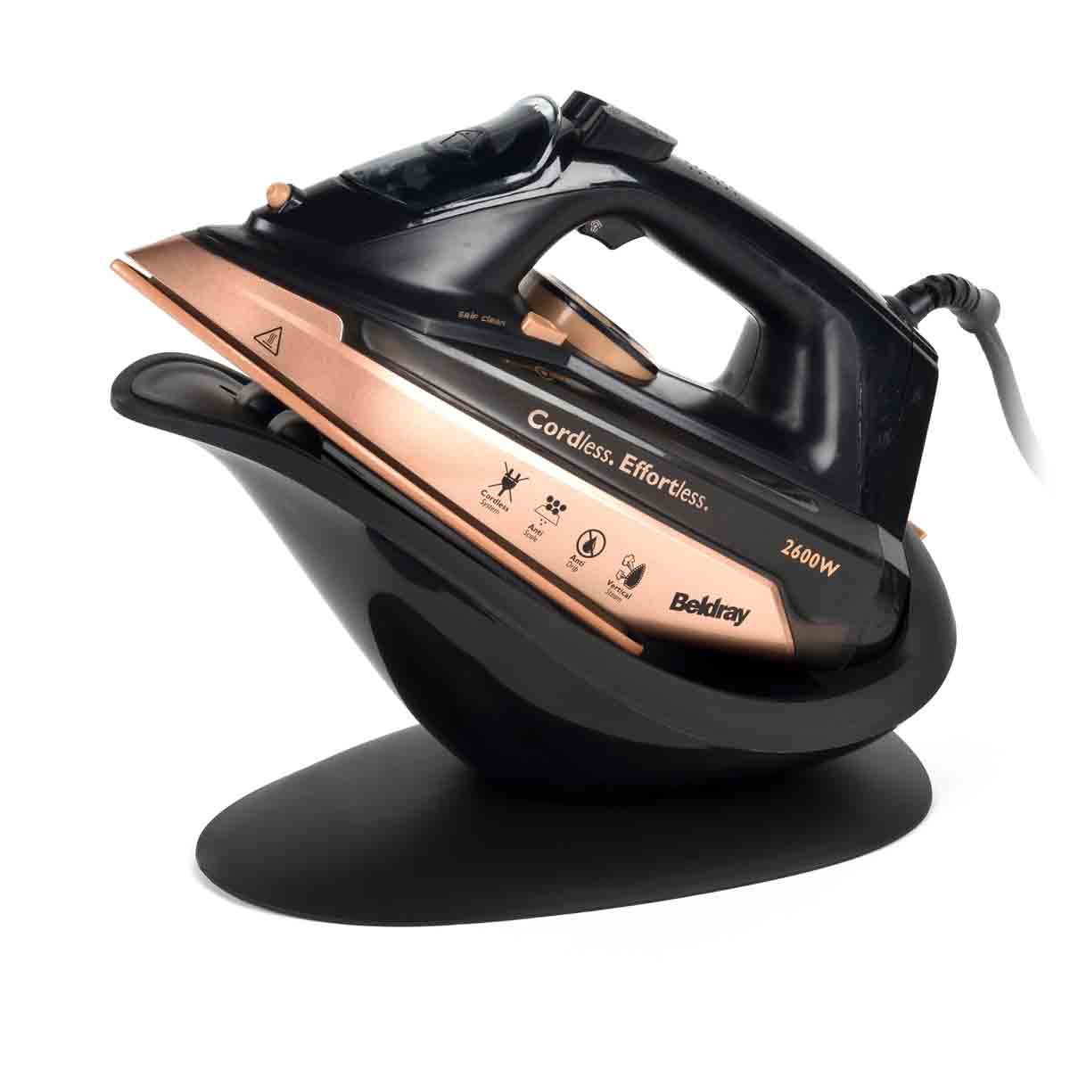 Beldray 2-in-1 cordless steam iron in rose gold and black, featuring a sleek design, a comfortable handle, and a base for easy storage.