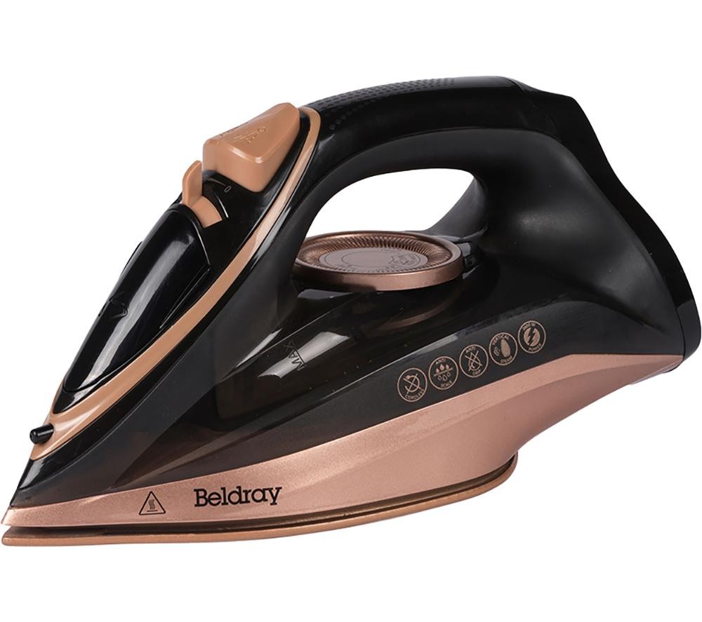 Cordless steam iron in rose gold and black, featuring a sleek design, control buttons, a transparent water tank, and a powerful 2600W capacity for efficient ironing.