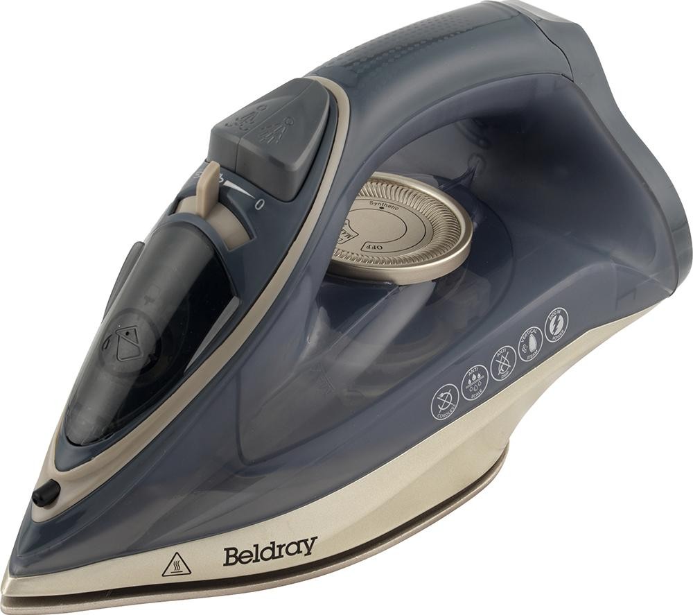Beldray 2 in 1 cordless steam iron in grey and navy, featuring a sleek design, control dial, steam settings, and a ceramic soleplate for efficient ironing.