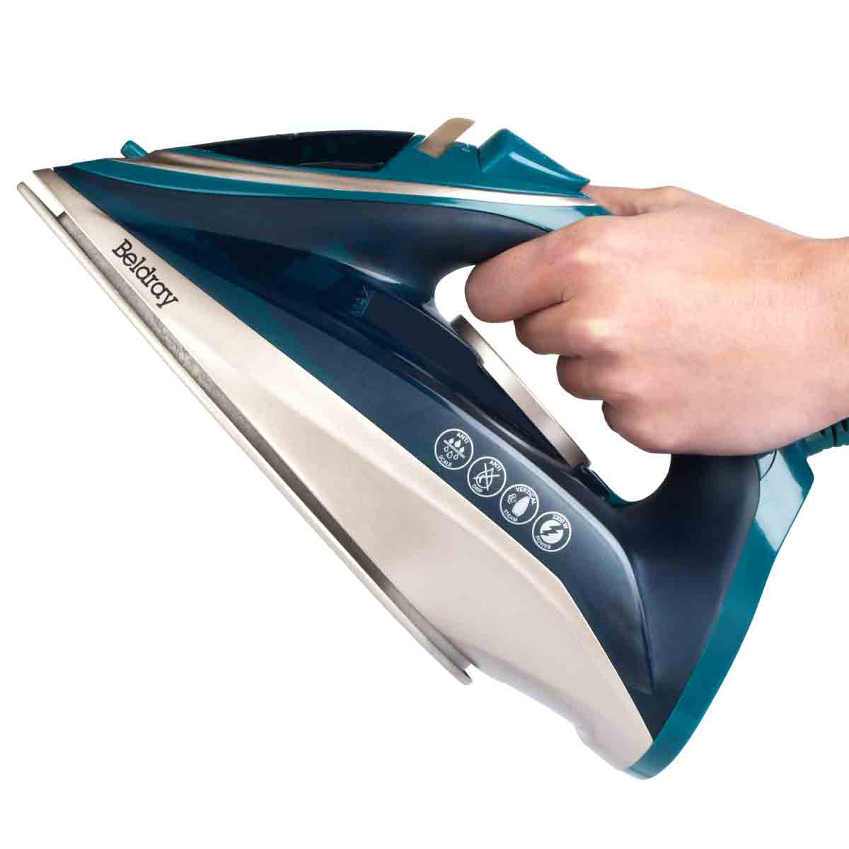 Beldray BEL01480 Duo Glide Steam Iron in green and gold, featuring a sleek design, ergonomic handle, and control buttons for steam settings.