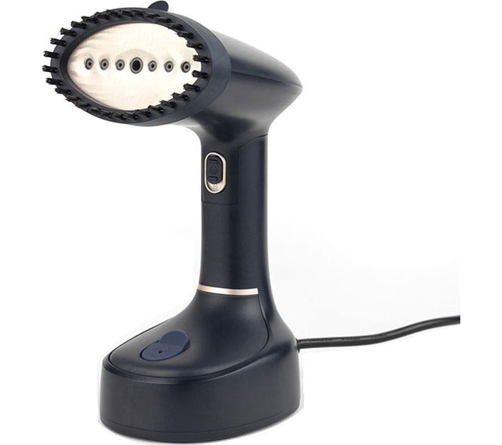 Compact blue clothes steamer with a textured nozzle, power button, and ergonomic handle, designed for easy vertical steaming and quick wrinkle removal.